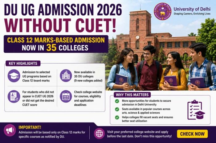 DU Class 12 Marks-Based Admission 2026: 35 Colleges Now Offer UG Seats Without CUET