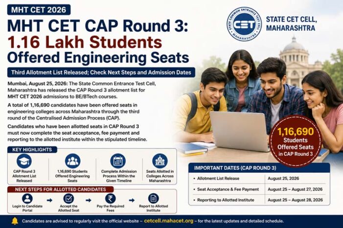 MHT CET 2026 CAP Round 3: 1.16 Lakh Students Offered Engineering Seats; Check Admission Dates