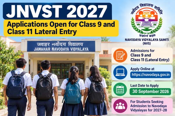 JNVST 2027: Applications Open for Class 9 and Class 11 Lateral Entry; Apply by September 30